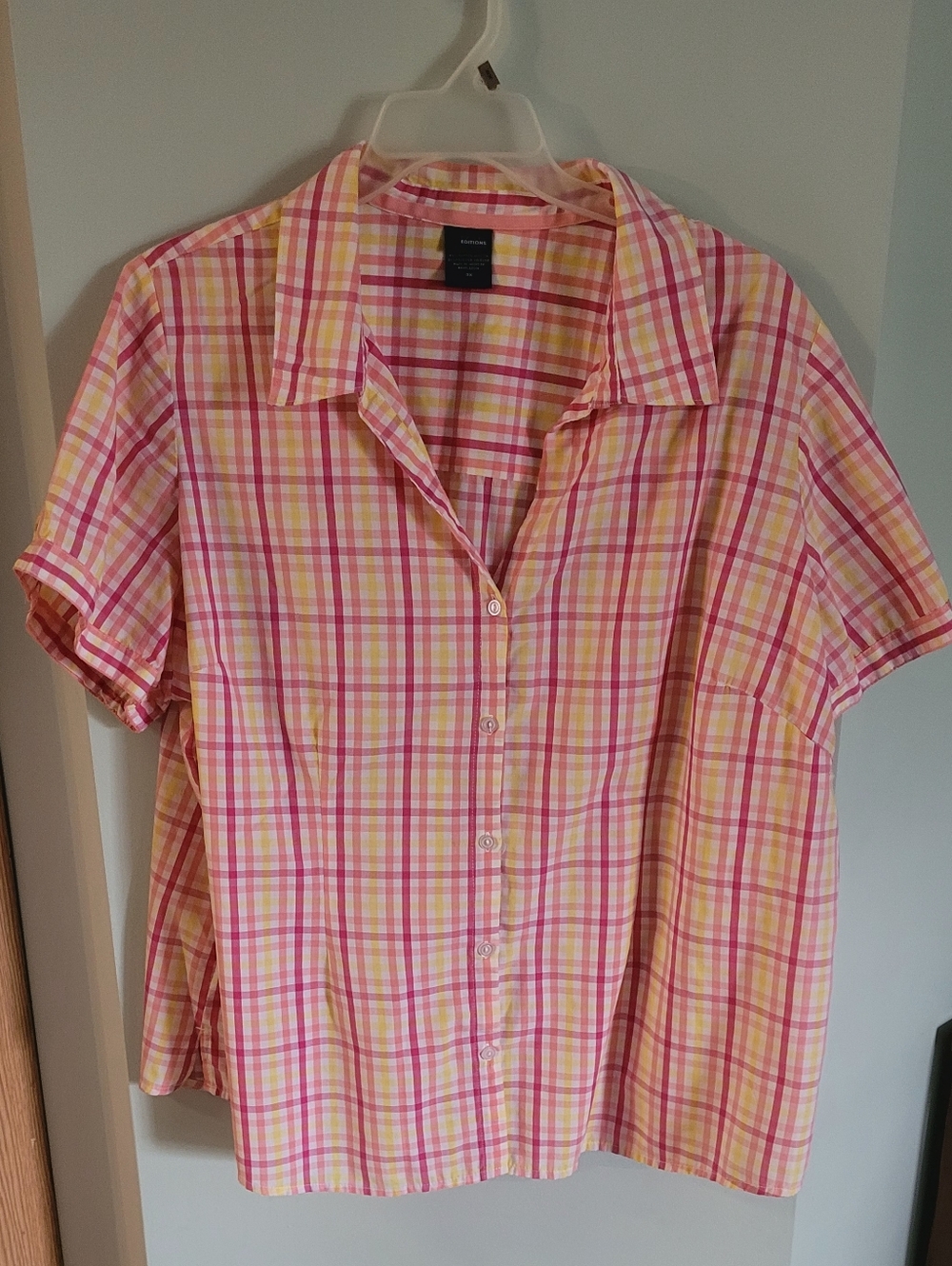 Basic Editions Pink and Yellow Plaid Short-Sleeve Button-Down Shirt, Size: 3x
